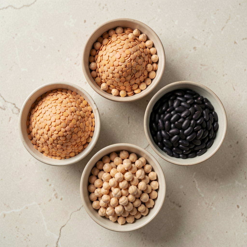 Dried lentils, chickpeas and black beans portioned into ceramic bowls on a pale stone surface, overhead composition