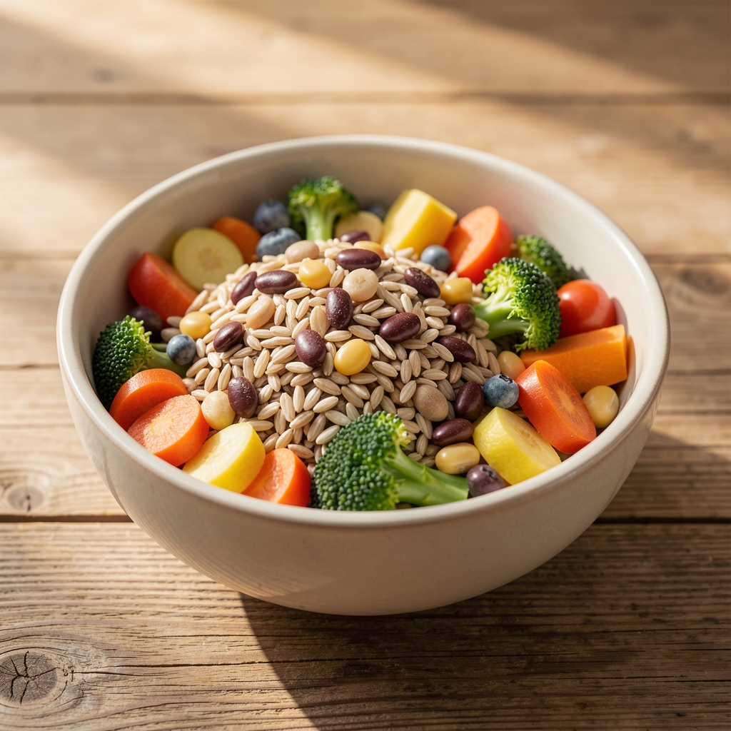 Bowl of mixed whole grains, legumes and seasonal vegetables on a wooden surface in natural afternoon light