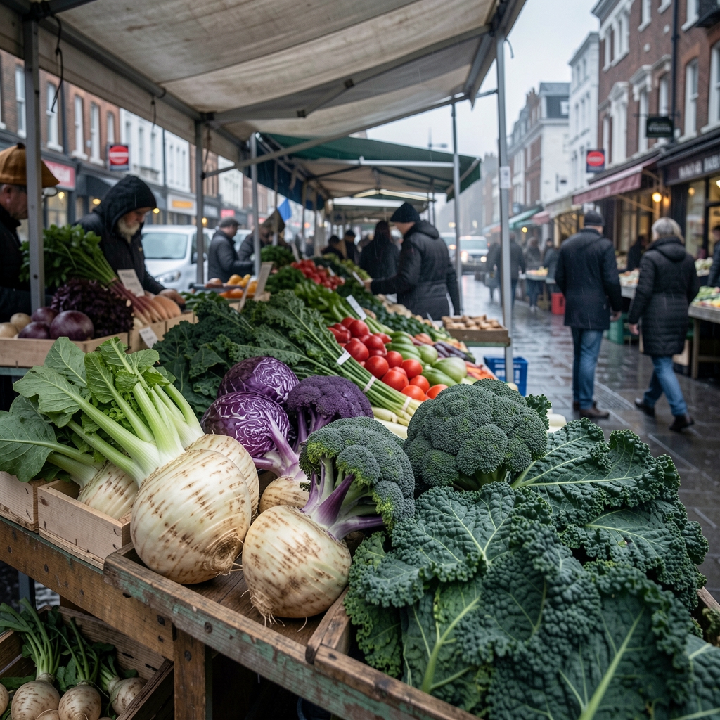 Early morning market stall with arranged seasonal winter vegetables — celeriac, purple sprouting broccoli, and kale — under grey London light
