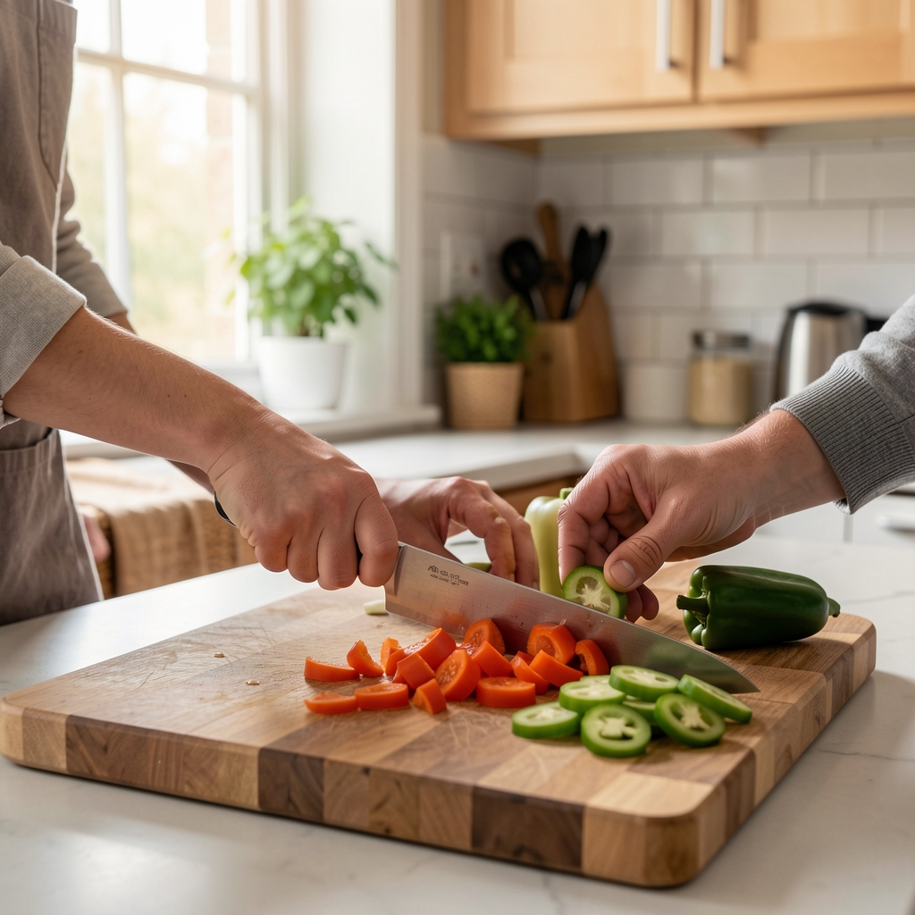 Kitchen preparation in progress — a wooden chopping board with vegetables mid-prep, natural light from a side window