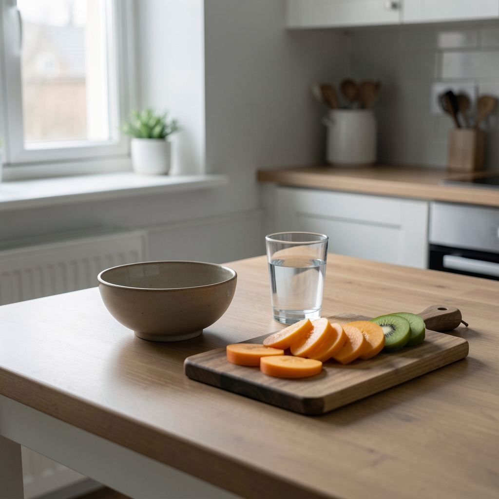 A morning kitchen table set for breakfast — a bowl, a glass of water, sliced fruit on a board, early grey light from a window