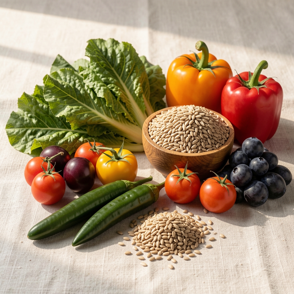 Seasonal vegetables and whole grains arranged on a pale linen surface, natural morning light